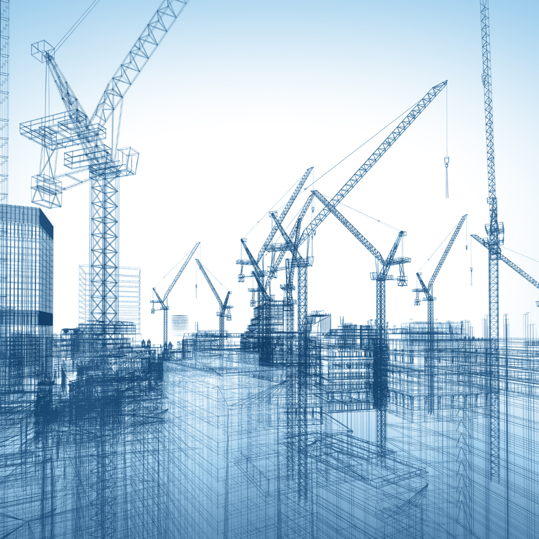 Stock image of a construction sketch including tall office buildings and cranes