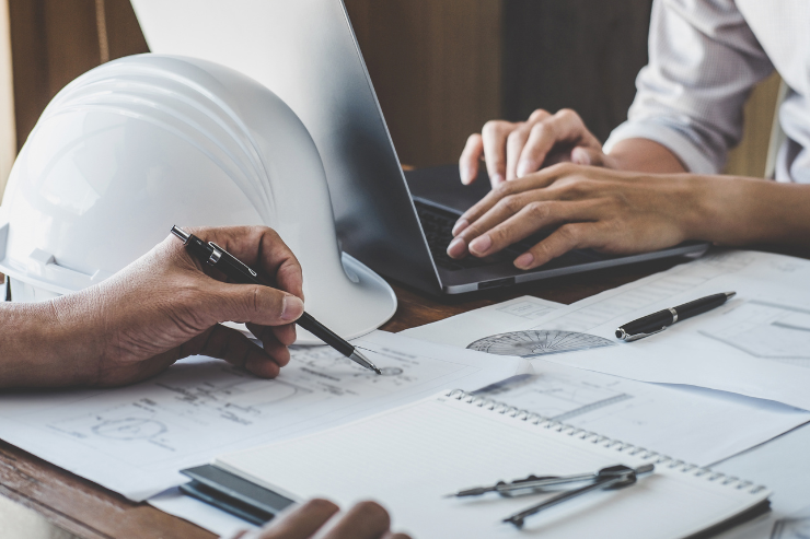 Construction waste planning meeting stock image